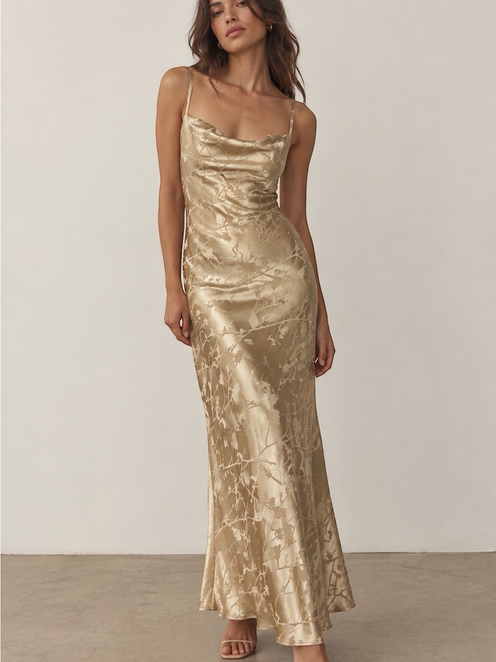 Reformation Champagne Satin Leaf Branch Print Maxi Slip Dress Size Small